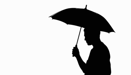 Silhouette of a person holding an umbrella against white background, protection