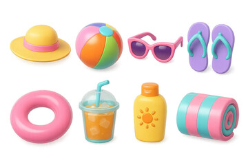 3d beach essentials icons set – hat, ball, sunglasses, flip-flops, float, drink, sunblock, towel. 3D icon set