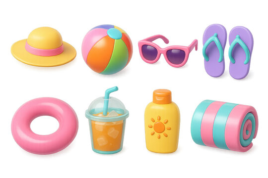3d beach essentials icons set – hat, ball, sunglasses, flip-flops, float, drink, sunblock, towel. 3D icon set