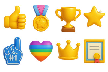 Y2k style icons set – trophy, medal, thumbs-up, heart, certificate, star, crown, number-one. 3D icon set