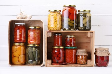 Many jars with different pickled products and ingredients on white wooden table