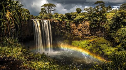 A stunning waterfall located in Kauai showcases a vibrant rainbow.
