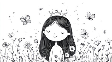 A cartoon girl, crowned, smiles amidst flowers and butterflies, in grayscale illustration