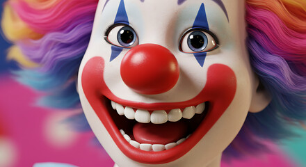 Close up of a cheerful clown with colorful hair and a wide smile showcasing vibrant makeup and playful expression creating a whimsical atmosphere