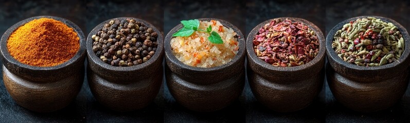 Wooden spoons filled with different types of spices banner food background