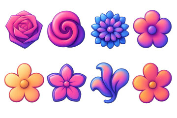 Naklejka premium 3d y2k floral icons set – rose, spiral, petal, blossom, abstract flower, gradient. 3D icon set