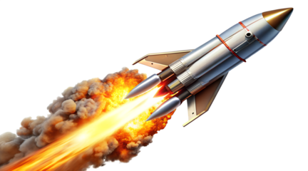 rocket in space isolated on white background. Transparent PNG file type available .