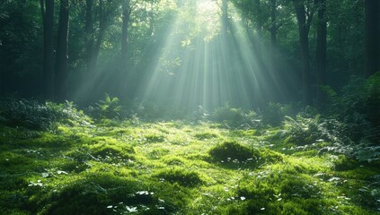 Obraz premium Sunlight streams through a lush forest. Sunlight penetrates a dense forest, illuminating a carpet of moss and greenery. A tranquil scene of nature's beauty