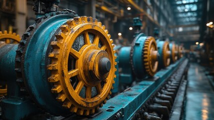Fototapeta premium Industrial gears in a large factory setting.