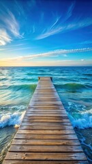 Fototapeta premium Soothing blue wave gently lapping against a weathered wooden pier on a calm summer morning