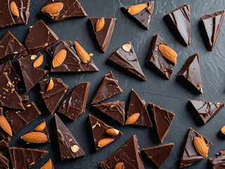 Thin shards of chocolate almond bark broken and arranged on a slate board.