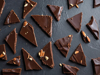 Thin shards of chocolate almond bark broken and arranged on a slate board.