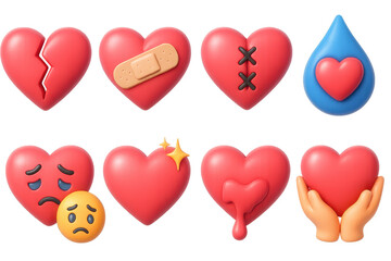 Healing heart icons set – broken, bandaged, stitched, teardrop, sad, sparkle, melting, caring hands. 3D icon set