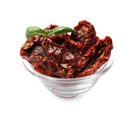Delicious sun dried tomatoes with basil in glass bowl isolated on white