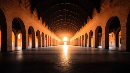 Fototapeta premium A long, empty hallway with a high ceiling and arches on either side.