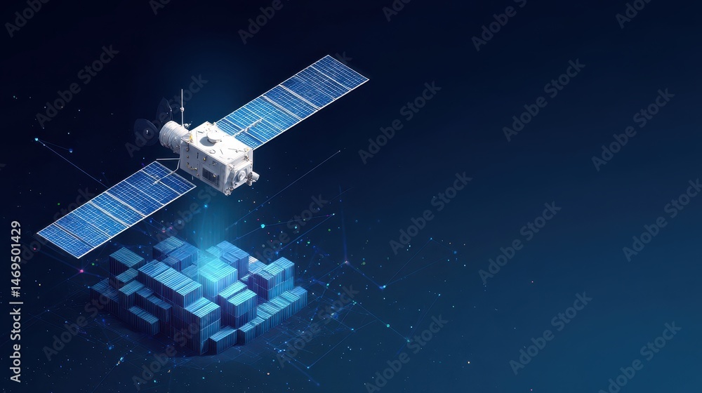 Poster a digital illustration of a satellite transmitting data to a network of interconnected containers in