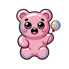 Naklejka premium A cute kawaii-style digital illustration of a pink gummy bear character with a glossy, bubble-like appearance. Transparent background