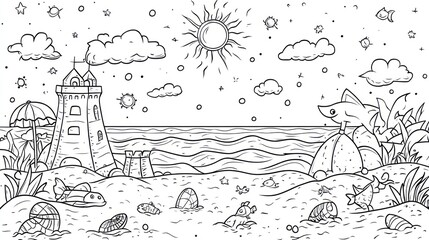Black and white beach scene with lighthouse, sun, and ocean. Detailed illustration features clouds, waves, fish, seashells, and tropical plants. Perfect for coloring books