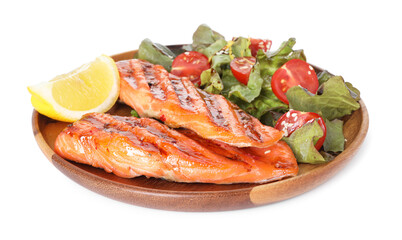 Tasty grilled salmon, salad and lemon isolated on white