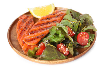 Tasty grilled salmon, salad and lemon isolated on white