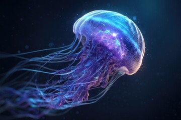 Digital illustration of a luminous jellyfish in deep water.