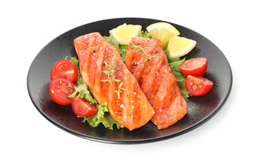 Tasty grilled salmon, lettuce, tomatoes and lemon isolated on white