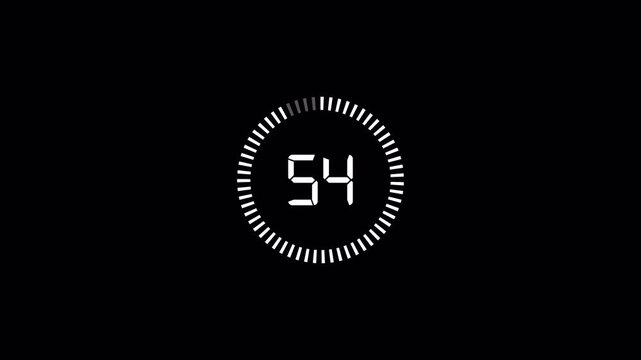One minute countdown timer animation from 60 to 0 on a transparent background, 60 seconds countdown timer with alpha channel, 1 minute circle countdown.