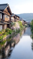 A tranquil canal flows through a picturesque Japanese town, lined with traditional wooden houses and blooming cherry blossoms