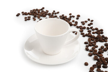 Ceramic cup with roasted coffee beans isolated on white
