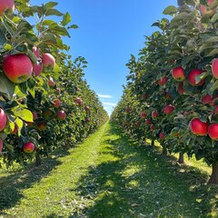 Apple orchard with red ripe apples on branches.Two rows of apple trees full of fruit seen under a blue sky nearly ready for picking.Apple orchard.Morning shot
