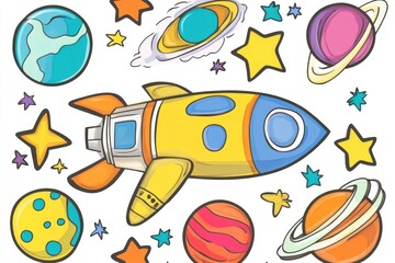 Colorful space scene with planets, stars, and a rocket ship.  Cartoonish depiction of cosmic objects