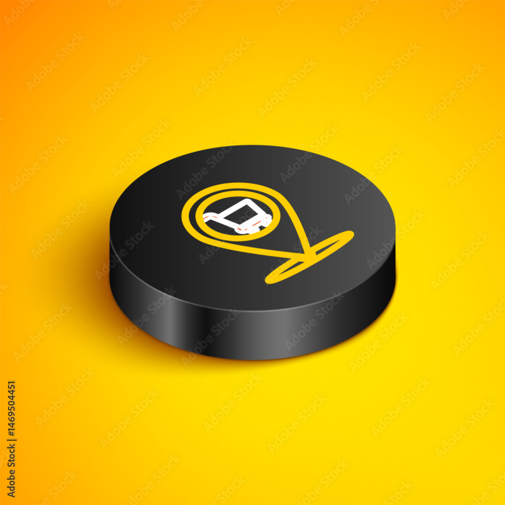 Poster isometric line map pointer with shopping cart icon isolated on yellow background. pin point shop and