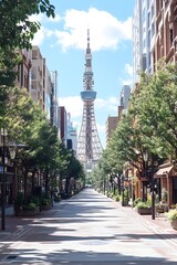 Naklejka premium A wide, empty street lined with trees and buildings, with a tall, slender tower in the distance