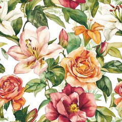 Watercolor painting seamless pattern featuring blooming roses and lilies