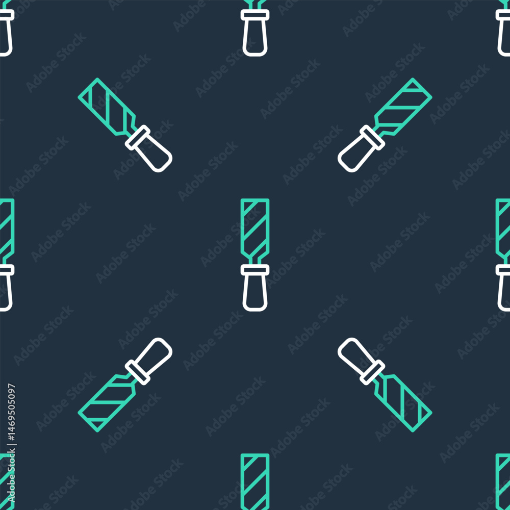 Poster line rasp metal file icon isolated seamless pattern on black background. rasp for working with wood 