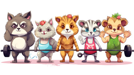 Naklejka premium Humorous Female Animals Fitness Center Cartoon Vector Illustration for Healthy Lifestyle Concept