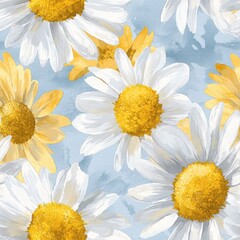 Fototapeta premium White and yellow daisies creating a seamless floral pattern on light blue background