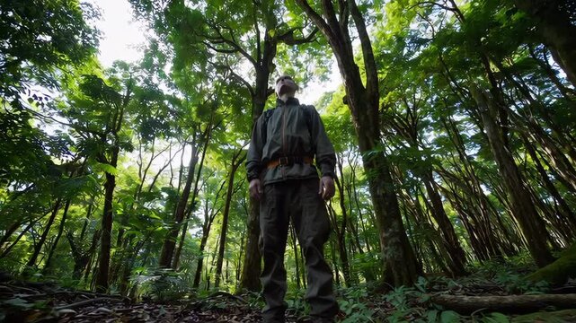 Forest ranger observing canopy in lush green forest