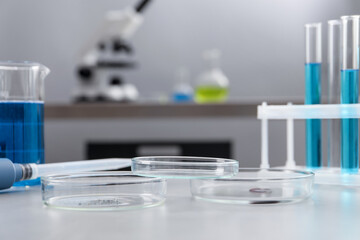 Petri dishes with samples and other glassware on light table in laboratory, closeup