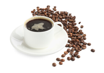 Aromatic coffee in cup and beans isolated on white