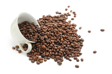 Aromatic coffee beans and cup isolated on white, above view
