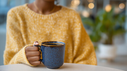 Cozy café scene with a person enjoying coffee from a designer mug