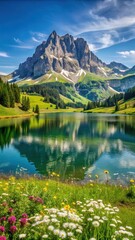Fototapeta premium Panoramic view of Mount Schoenjoch in Alpine summer landscape with lush greenery and wildflowers