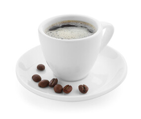 Aromatic coffee in cup and beans isolated on white