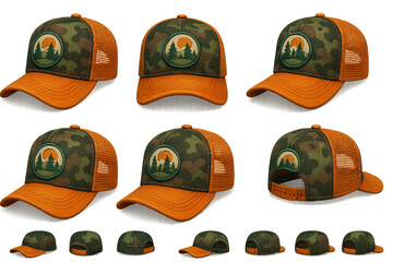 Trucker hat design icon set – y2k style, camo, mesh, snapback, orange, green, embroidery, fashion. 3D icon set