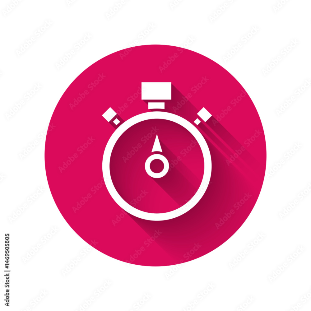 Poster white stopwatch icon isolated with long shadow. time timer sign. chronometer sign. pink hexagon butt