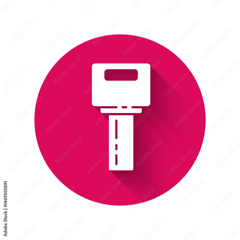Poster white car key with remote icon isolated with long shadow. car key and alarm system. pink hexagon but