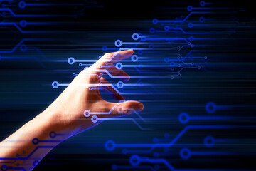 programer people or businessman hand touching interactive to hologram of network technology...