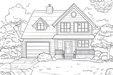 Suburban house drawing, trees, lawn, coloring page