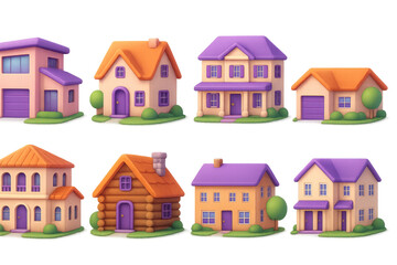 Nostalgic 3d y2k house icons set – classic homes, retro architecture, playful designs. 3D icon set